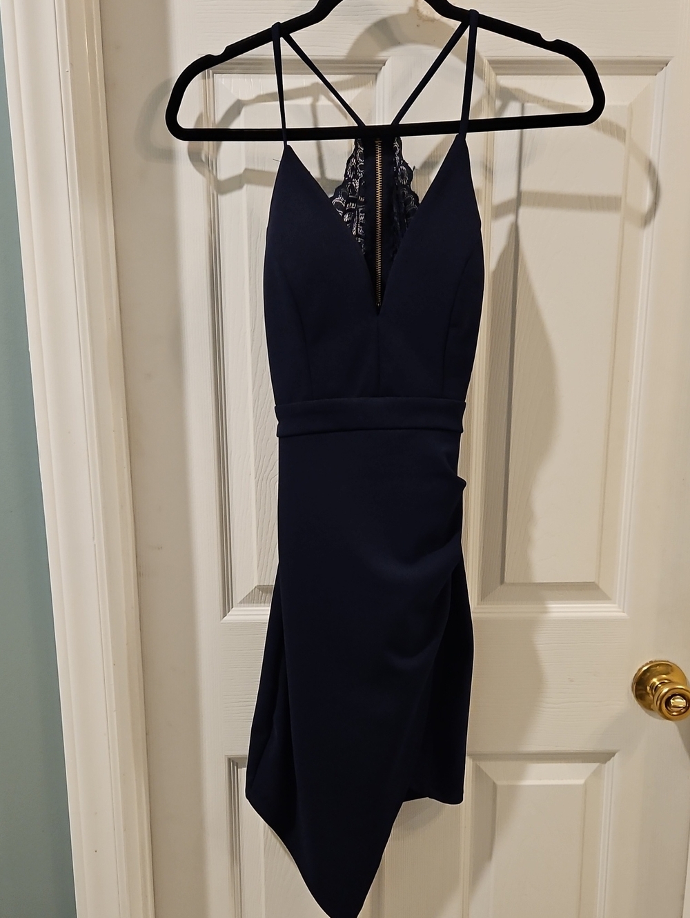 Honey and Rosie Navy Asymmetrical Hem Lace-Back Dress